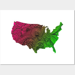 Colorful mandala art map of the United States of America in dark pink and green Posters and Art